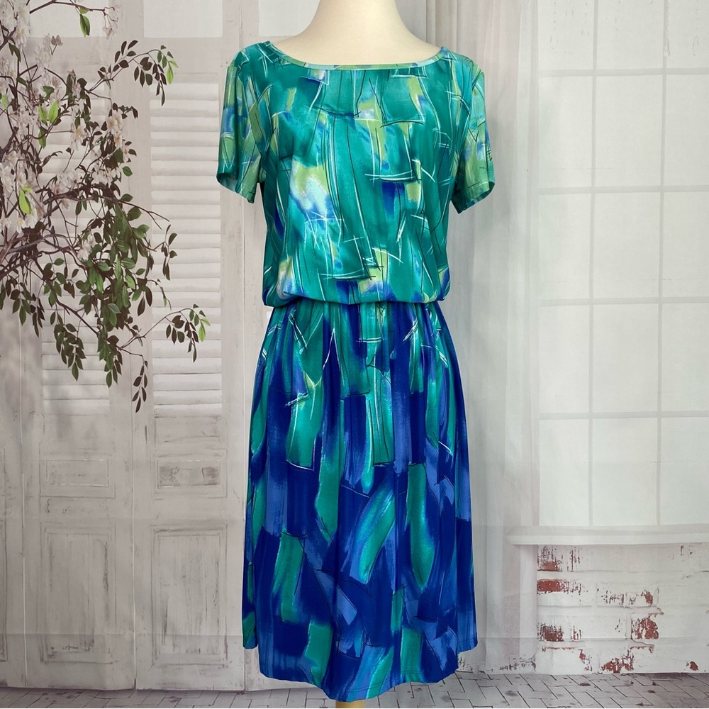 Vintage 80s Secretary Dress M Watercolor Stretch Jersey Peacock Blue Green Comfy